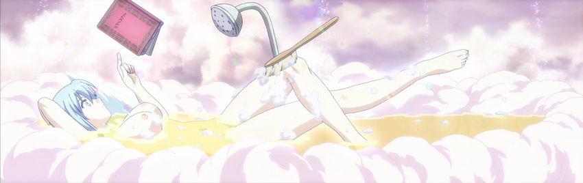 1girl absurdres angel barefoot bath blue_hair book breasts brush bubble cloud feet green_eyes highres long_image nanael nipples nude open_book queen's_blade queen's_blade reading screencap short_hair shower_head soap_bubbles stitched suds toes water wet wide_image wings