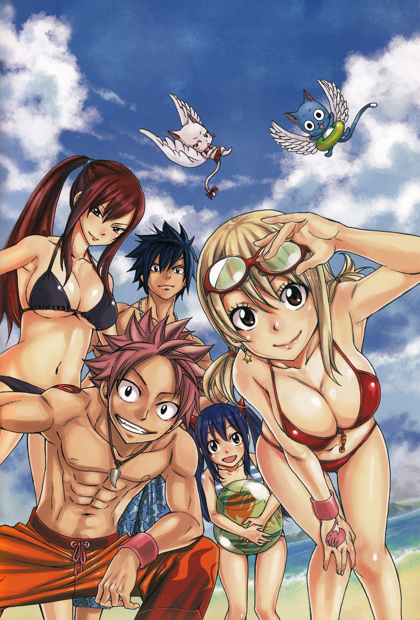 3girls absurdres armpits beach bikini black_bikini blonde_hair blue_hair breasts charle_(fairy_tail) cleavage earrings erza_scarlet eyewear_on_head fairy_tail fisheye gray_fullbuster grin happy_(fairy_tail) highres jewelry large_breasts long_hair looking_at_viewer lucy_heartfilia mashima_hiro multiple_boys multiple_girls natsu_dragneel navel pendant pink_hair ponytail red_bikini red_hair smile spiked_hair swimsuit tattoo thigh_gap twintails wendy_marvell