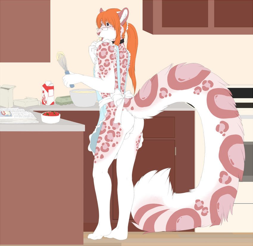 accelo_(character) apron balls berries book butt cake clothed clothing collar cooking crossdressing egg eyewear feline food ginger_hair girly glasses hair kitchen leopard long_hair male mammal milk orange_hair oven penis ponytail skimpy snow_leopard solo strawberries strawberry