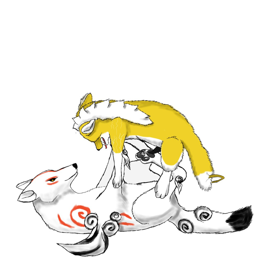 &#332;kami ?kami amaterasu canine cum cum_on_feet deity female feral foot_fetish footjob fox fur geezabeeza lying male mammal on_back original_character penis saliva tail_ring thunderbolt tongue tongue_out video_games wolf yellow_fur