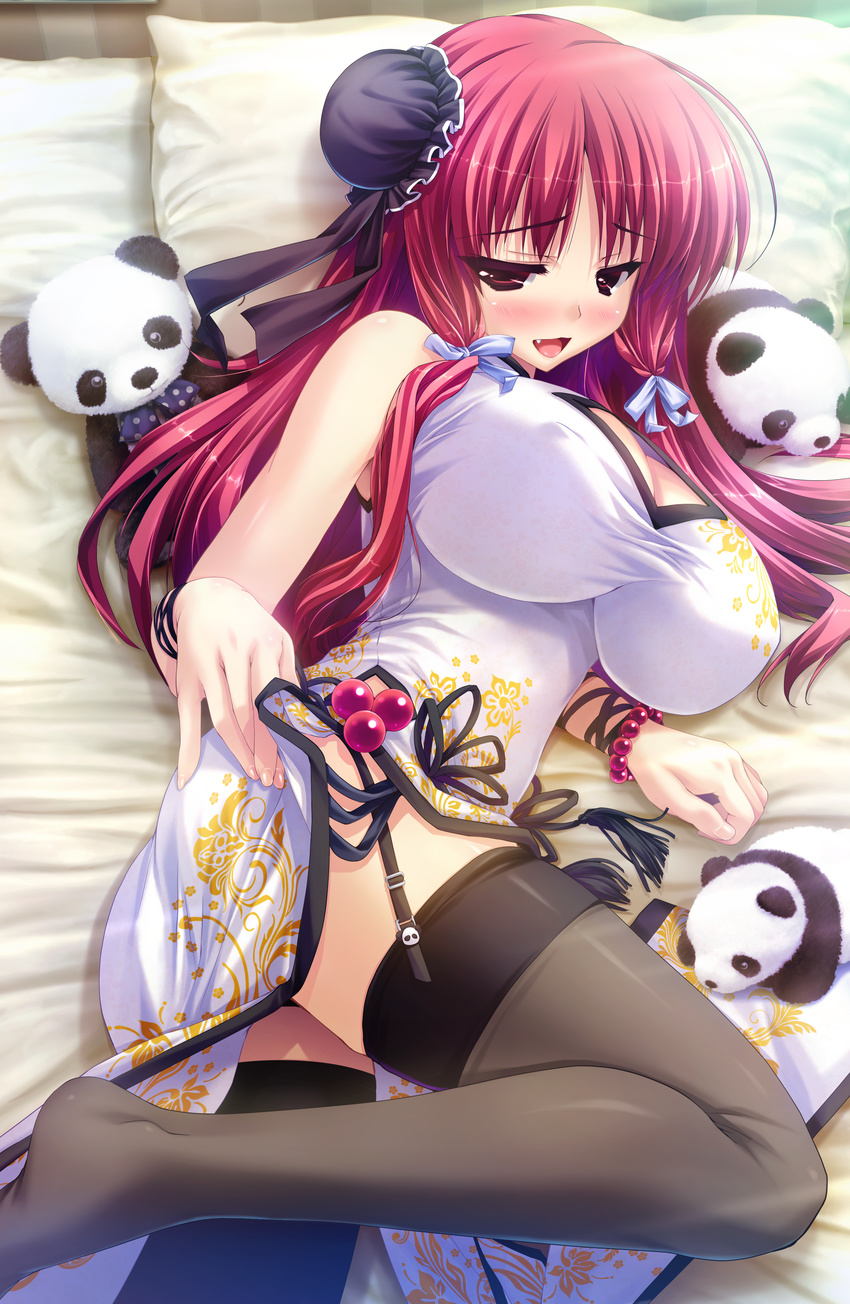 :d absurdres black_legwear breasts chinese_clothes cleavage fang garter_straps highres huge_filesize impossible_clothes large_breasts legs open_mouth panda pink_eyes pink_hair prism_recollection! renjou_sayaka shintarou smile stuffed_animal stuffed_panda stuffed_toy thighhighs