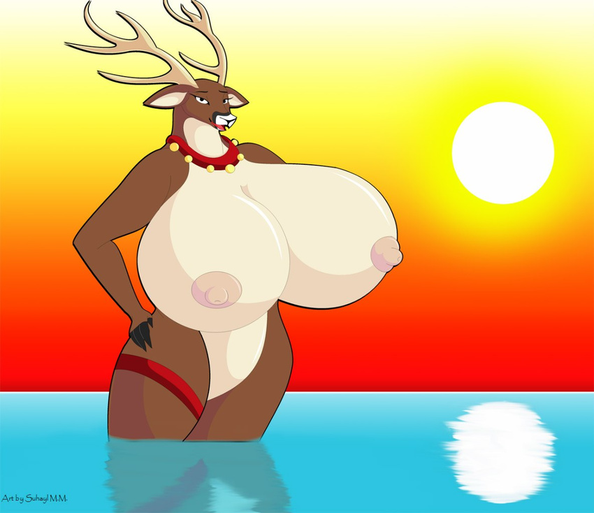antlers big_breasts breasts cervine deer female horn looking_at_viewer mammal nipples nude open_mouth reindeer solo