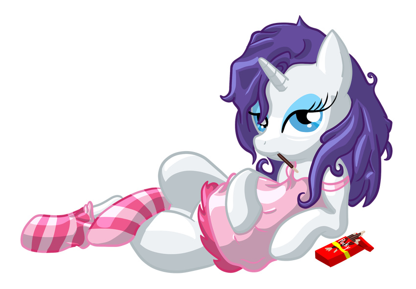 alpha_channel balister blue_eyes chemise equine eyeshadow female feral friendship_is_magic fur hair half-closed_eyes hi_res horn looking_at_viewer makeup mammal my_little_pony night_shirt plain_background pocky purple_hair rarity_(mlp) socks solo transparent_background unicorn white_fur