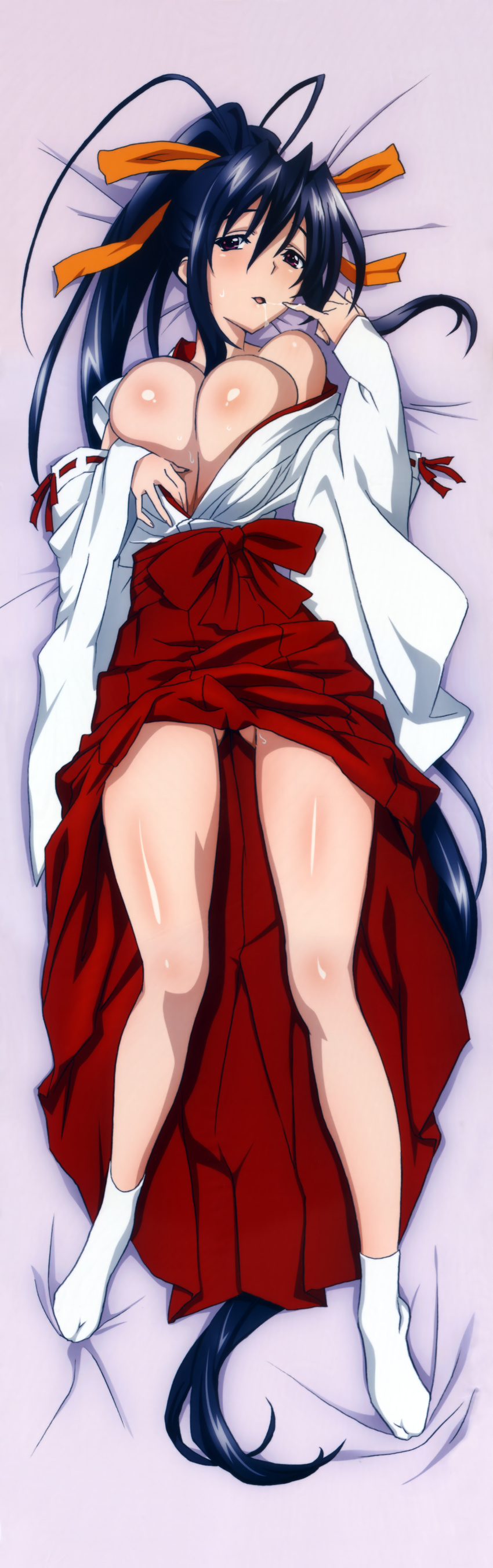 absurdly_long_hair absurdres breasts cleavage dakimakura detached_sleeves full_body hakama high_school_dxd highres himejima_akeno huge_filesize japanese_clothes kimono large_breasts long_hair long_image miko official_art pussy_juice red_hakama scan solo stick_poster tabi tall_image very_long_hair
