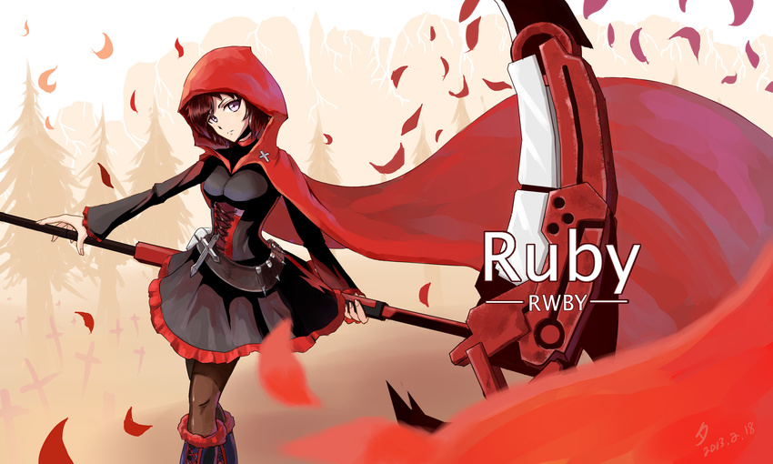 2013 absurdres boots character_name cloak copyright_name crescent_rose cross dated dress english forest graveyard highres hood hooded_cloak nature pantyhose petals rose_petals ruby_rose rwby scythe short_hair signature skirt solo sunset_xi tree weapon