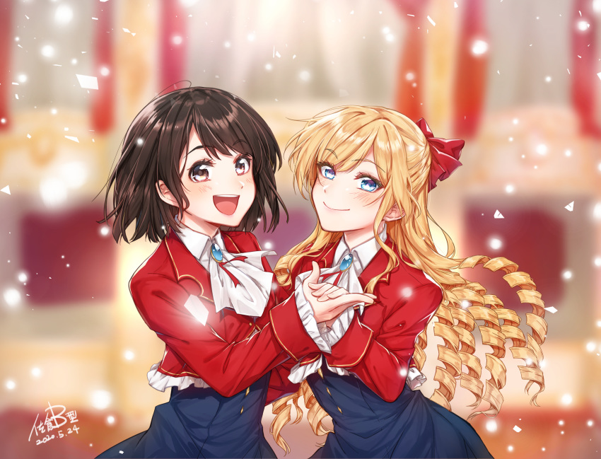 2girls absurdres blonde_hair brown_hair claire_francois commentary_request cravat dancing drill_locks highres holding_hands long_hair multiple_girls rei_taylor sakura_ai_ke school_uniform short_hair signature watashi_no_oshi_wa_akuyaku_reijou yuri