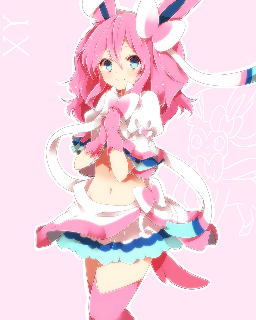 animal_ears blue_eyes bow gen_6_pokemon gloves highres midriff navel personification pink_gloves pink_hair pink_legwear pokemon skirt smile solo sylveon tail takeshima_(nia) thighhighs