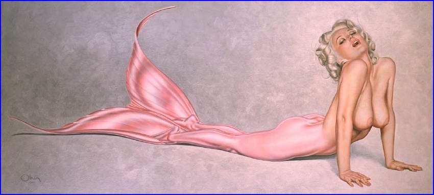 blonde_hair breasts curly_hair female fin fish_tail hair half-closed_eyes hi_res looking_at_viewer mermaid nipples no_feet olivia_de_berardinis open_mouth pink solo