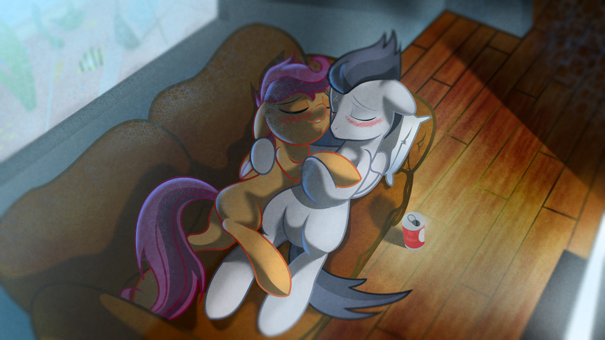coach cub cuddling duo equine female feral friendship_is_magic male mammal my_little_pony pegasus rumble_(mlp) scootaloo_(mlp) skwareblox sofa straight wings young