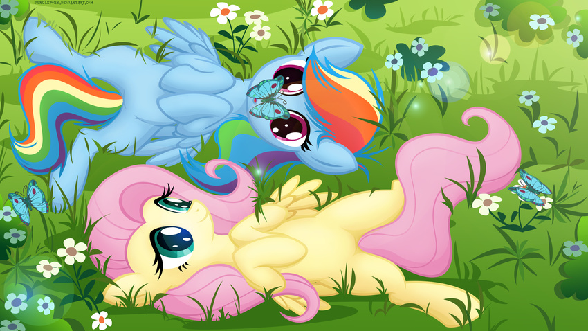 arthropod blue_eyes blue_fur butterfly duo equine female feral flower fluttershy_(mlp) friendship_is_magic fur grass hair hi_res horse insect junglepony mammal multi-colored_hair my_little_pony outside pegasus pink_hair pony purple_eyes rainbow_dash_(mlp) rainbow_hair wings yellow_fur