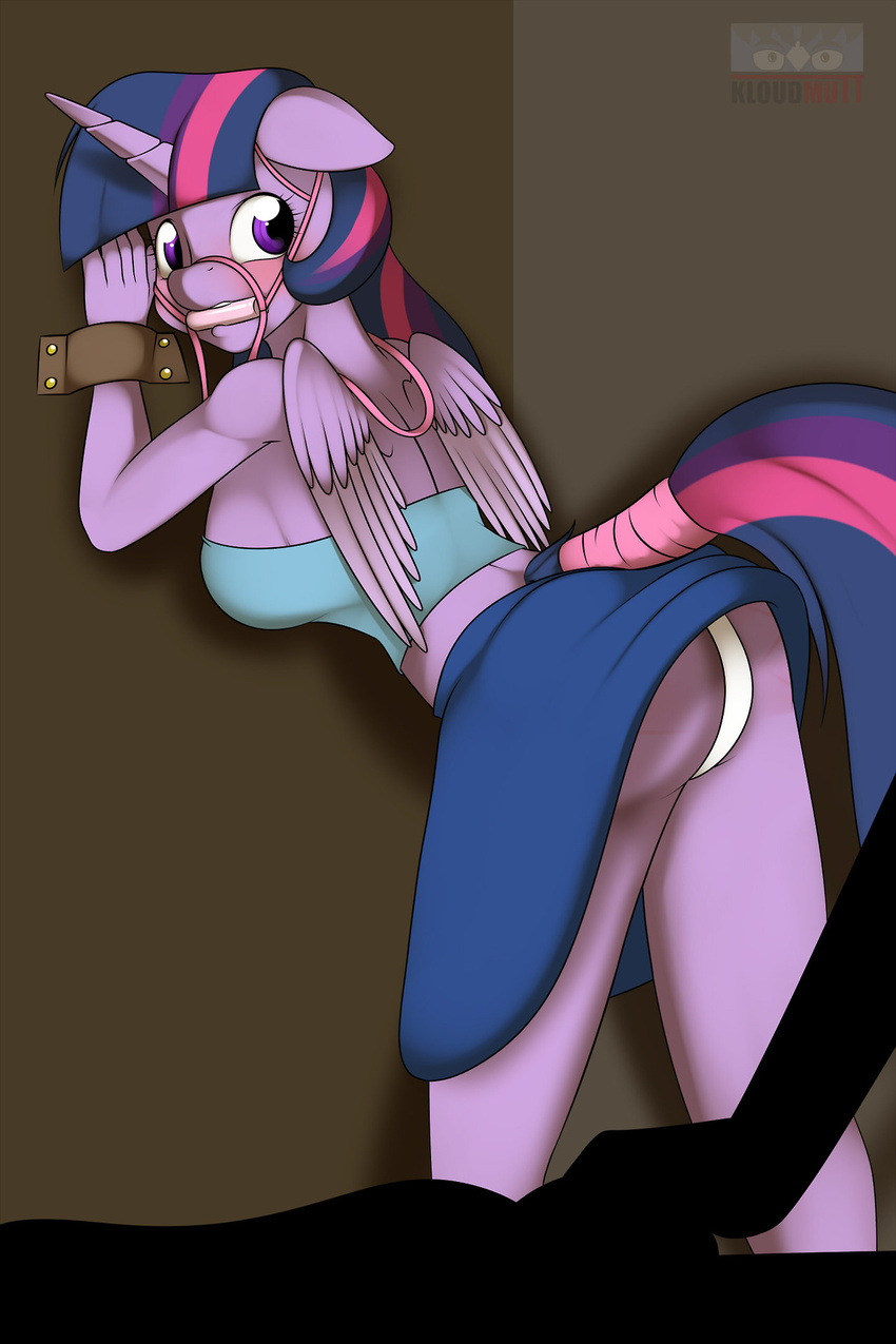 anthro anthrofied bdsm bit_gag blush bondage bound bridle butt clothing cutie_mark equine female friendship_is_magic gag hair horn kloudmutt looking_at_viewer looking_back mammal multi-colored_hair my_little_pony panties purple_eyes rope silhouette skirt solo strap tail_wrap twilight_sparkle_(mlp) underwear whip_marks winged_unicorn wings
