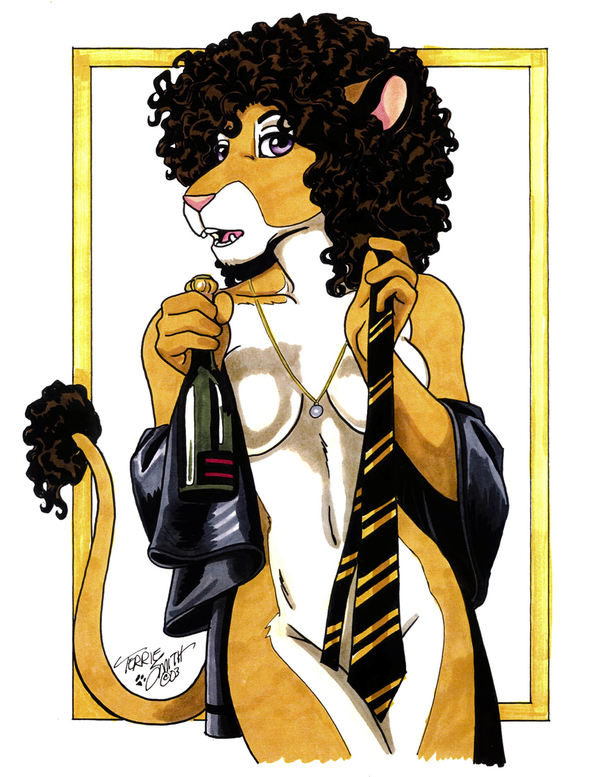 alcohol beverage bottle breasts convenient_censorship curly_hair feline female hi_res lion looking_at_viewer mammal necklace necktie open_mouth purple_eyes solo terrie_smith undressing