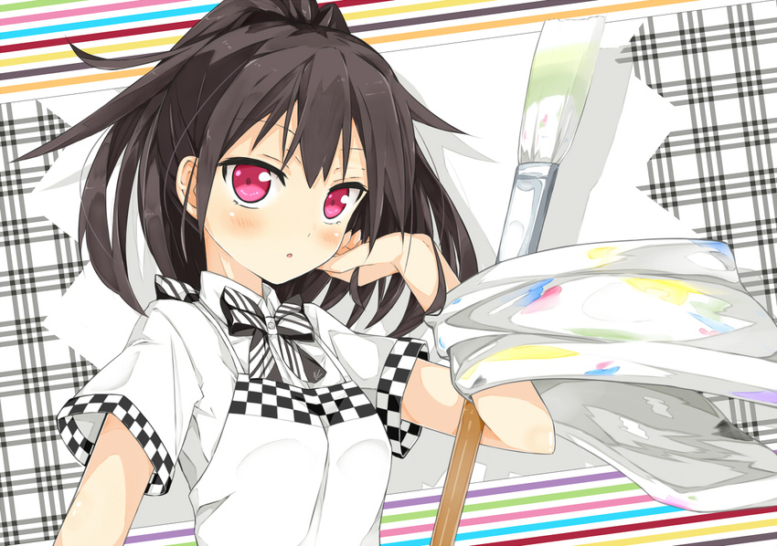 :o adjusting_hair apron art_brush bangs black_hair blush bow checkered cloth fingernails flat_chest hand_in_hair high_collar holding kitsune_(scaz) long_fingernails long_hair looking_at_viewer open_mouth original oversized_object paint_stains paintbrush plaid plaid_background ponytail red_eyes shirt solo striped striped_background upper_body