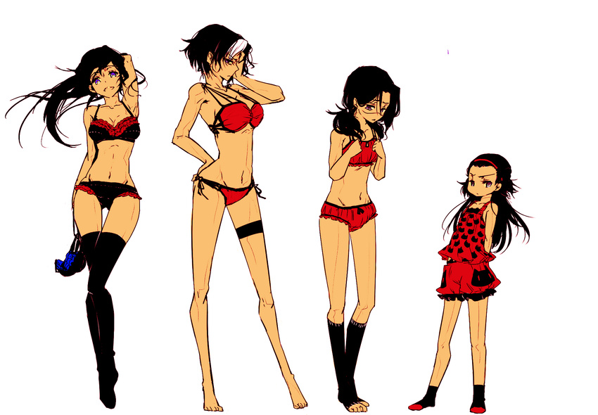 4girls adjusting_hair bare_shoulders barefoot batman_(series) black_hair bra breast_envy breasts cleavage damian_wayne dc_comics dick_grayson family frills genderswap hairband hand_on_hip highres jason_todd long_hair midriff multicolored_hair multiple_girls navel nightwing open_mouth panties purple_eyes red_hood red_hood_(dc) red_robin robin_(dc) short_hair siblings socks thigh_gap thigh_strap thighhighs tim_drake tiptoes toeless_legwear twintails underwear