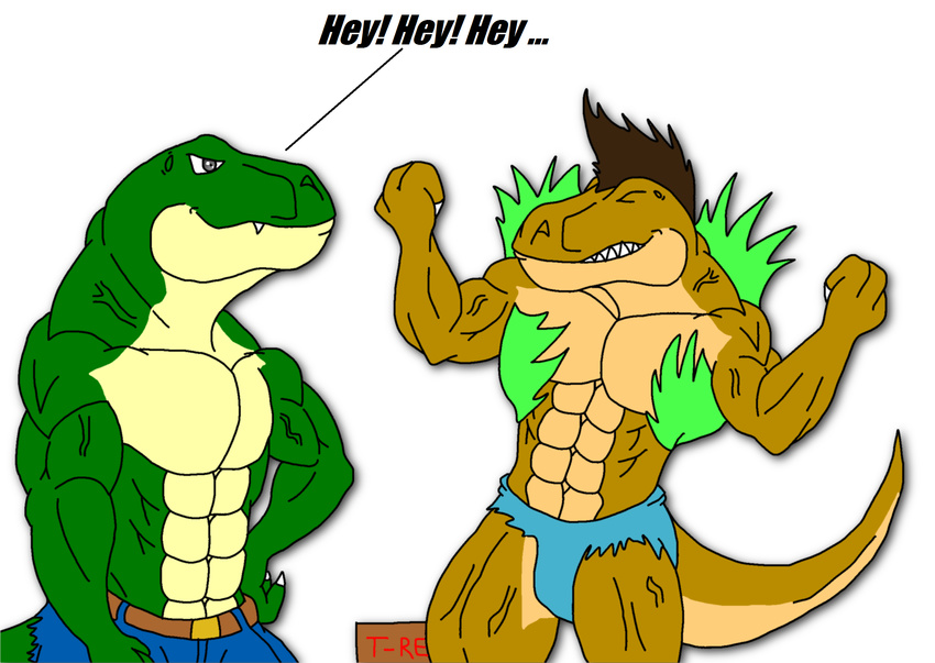 abs anthro belt biceps brown_skin claws clothing comic dinosaur fangs flexing green_skin hair human jonathan_alexander male mammal maxime-jeanne muscles pants pecs plain_background pose reptile scales scalie shirt shorts theropod thomas_carter topless torn_clothing transformation tyrannosaurus_rex vein white_background