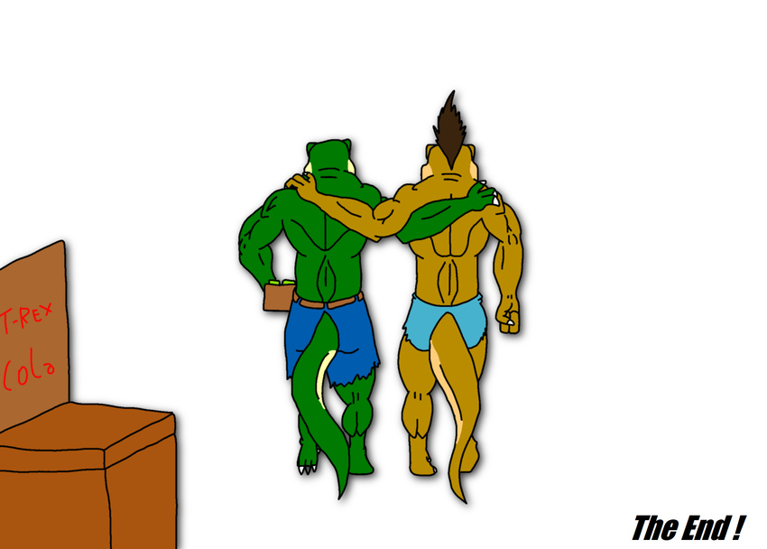 abs anthro back back_turned belt biceps brown_skin claws clothed clothing comic dinosaur duo green_skin gripping hair holding human jonathan_alexander male mammal maxime-jeanne muscles pants plain_background pose reptile scales scalie shorts theropod thomas_carter toe_claws topless torn_clothing transformation tyrannosaurus_rex white_background