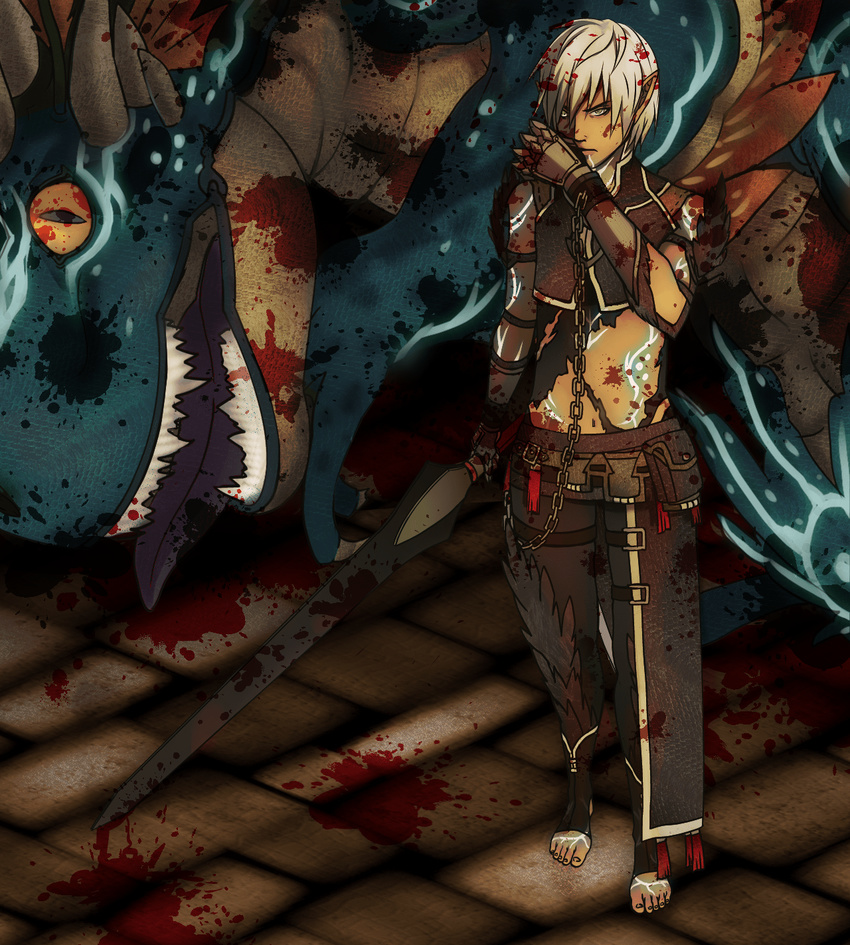 blood chains defeated dragon_age_2 elf fangs fenris_(dragon_age) highres horns monster pointy_ears short_hair silver_hair sword torn_clothes warrior weapon