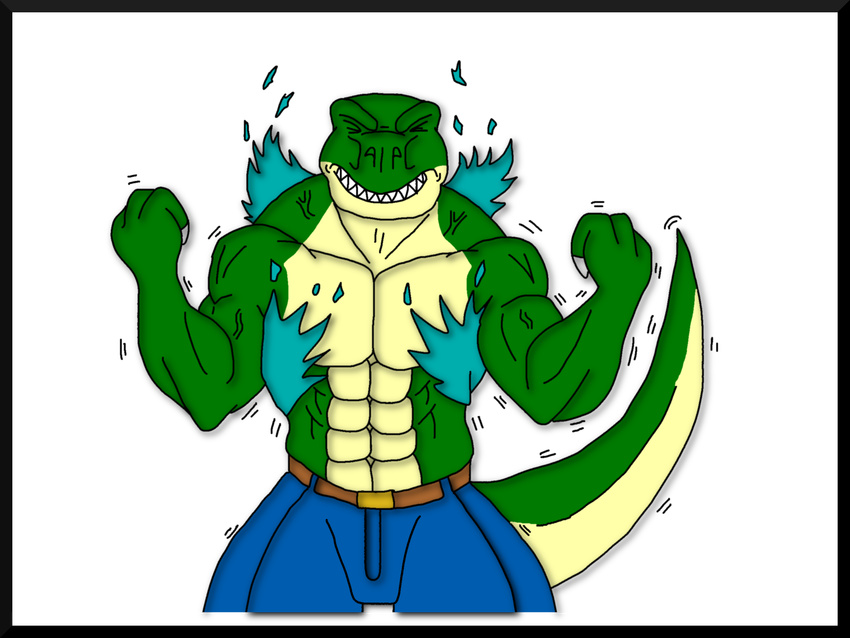 abs anthro belt biceps clothing comic dinosaur fangs flexing green_skin human male maxime-jeanne muscles pants pecs pose reptile scales scalie solo theropod thomas_carter topless torn_clothing transformation tyrannosaurus_rex vein