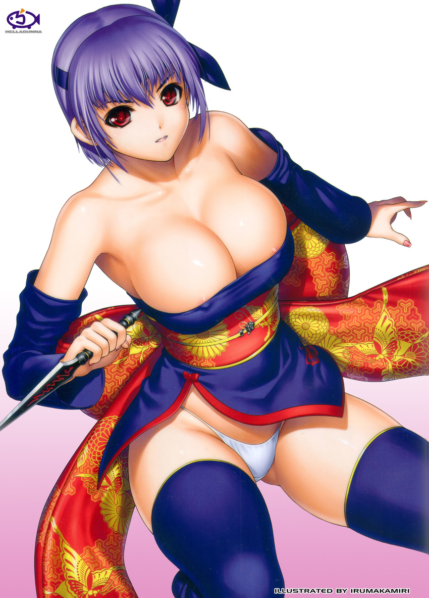 absurdres areola_slip areolae ayane_(doa) breasts covered_nipples dead_or_alive detached_sleeves headband highres iruma_kamiri japanese_clothes kunai large_breasts nail_polish panties purple_hair red_eyes short_hair solo thighhighs underwear weapon