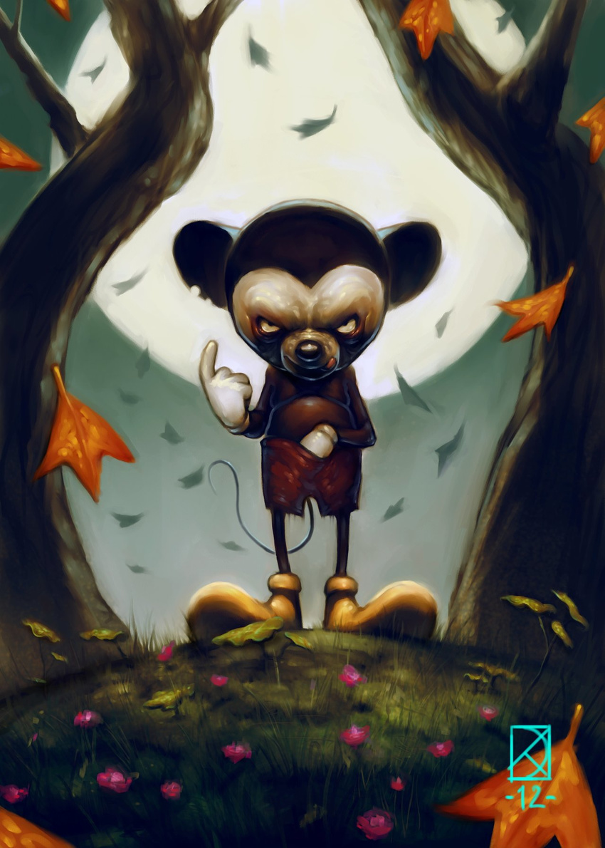 anthro boots clothing creepy daniel_karlsson danielkarlsson disney flower gloves leafs leaves male mammal mickey_mouse moon mouse night nightmare_fuel outside pants rodent shorts solo tongue tree want_some_candy?