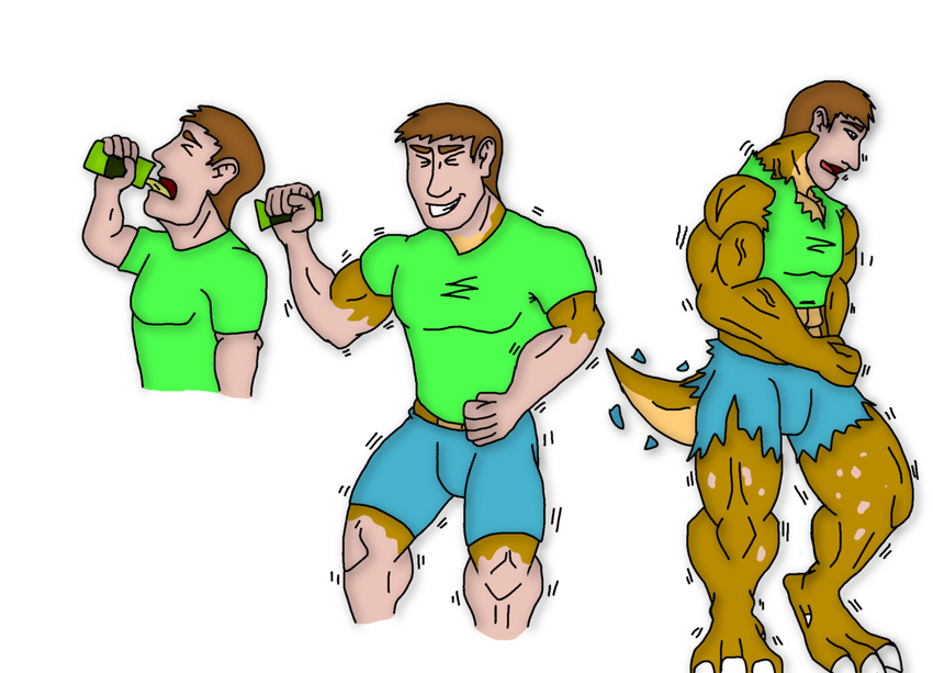 abs anthro belt biceps brown_skin clothing comic dinosaur human jonathan_alexander male mammal maxime-jeanne muscles pecs plain_background pose reptile scales scalie shirt shorts solo theropod torn_clothing transformation tyrannosaurus_rex vein white_background