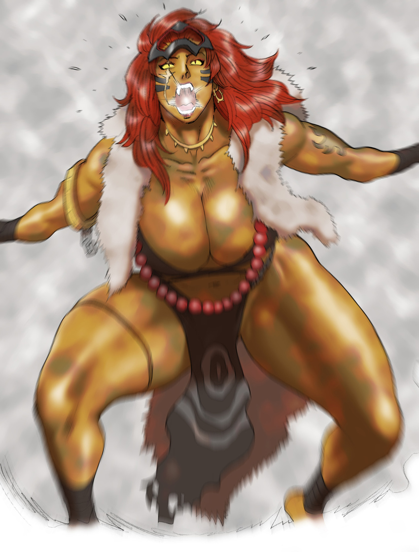 amazon barefoot beads bikini_top bracelet bracer breasts dark_skin earrings facial_mark fangs fur highres huge_breasts jewelry loincloth muscle nappy_happy necklace pelt red_eyes red_hair screaming simple_background tattoo thick_thighs thighs tiara yellow_sclera
