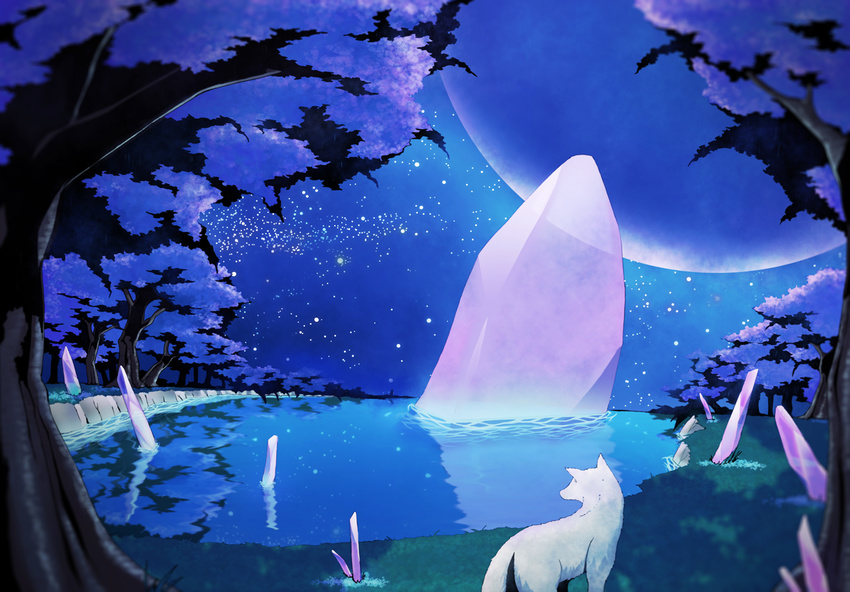 back_to_viewer canine cool_colors crystal feral forest full_moon fur grass lake looking_away mammal merry_(nico_11420628) moon night reflection scenery solo star surreal translucent tree water white_fur wolf