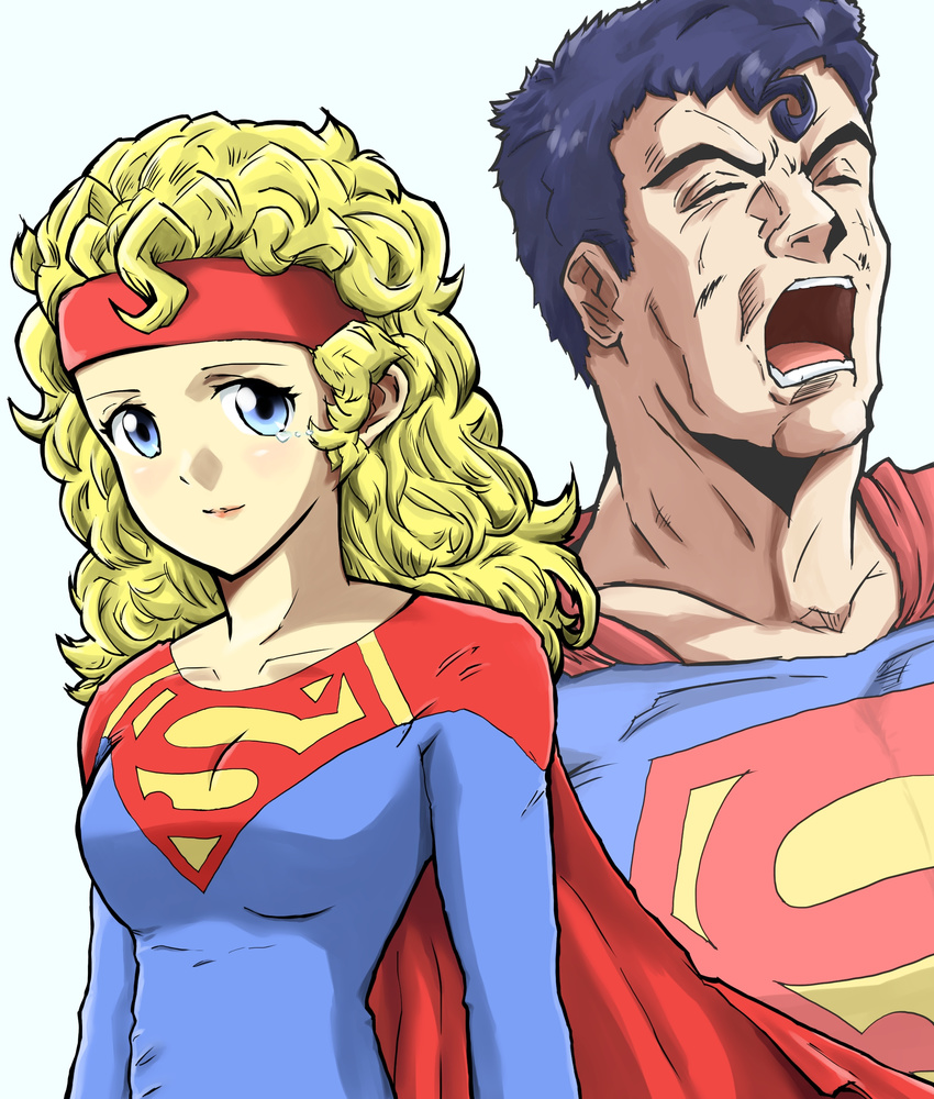 1boy 1girl absurdres black_hair blonde_hair blue_eyes breasts cape dc_comics eyes_closed highres kryptonian long_hair ong_hair open_mouth short_hair short_hairl supergirl superman superman_(series) tears