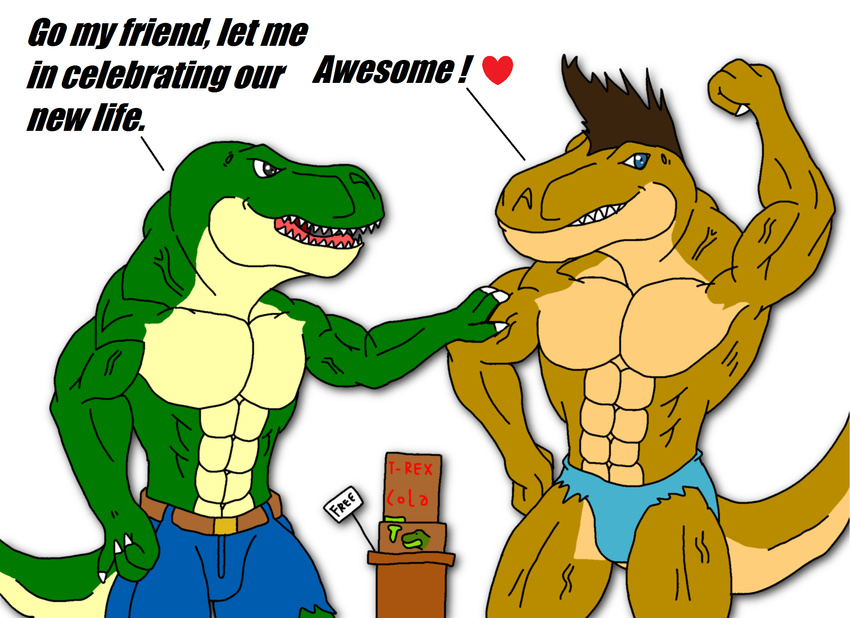 abs anthro belt biceps brown_skin claws clothing comic dinosaur fangs flexing green_skin hair human jonathan_alexander male mammal maxime-jeanne muscles pants pecs plain_background pose reptile scales scalie shorts theropod thomas_carter topless torn_clothing transformation tyrannosaurus_rex vein white_background