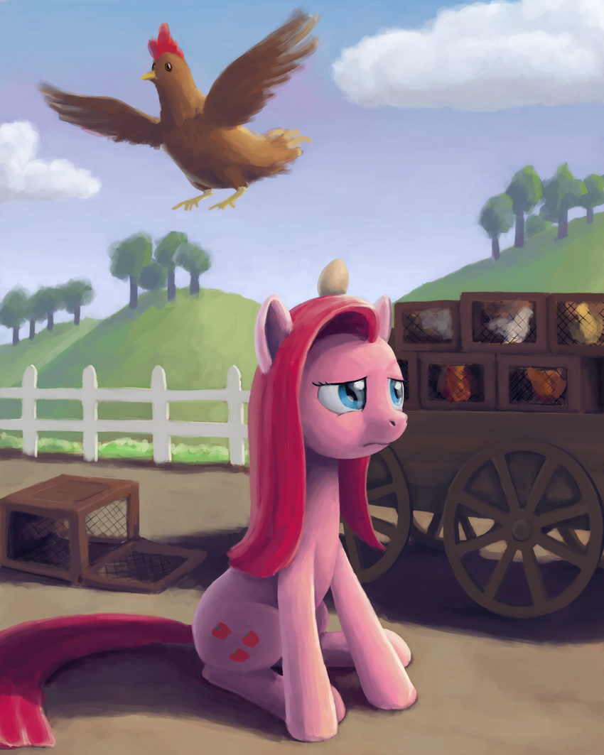 avian bird blue_eyes box chicken cloud clouds cutie_mark dahtamnay egg equine female fence feral friendship_is_magic fur hair horse mammal my_little_pony outside pink_fur pink_hair pinkamena_(mlp) pinkie_pie_(mlp) pony sitting solo wagon