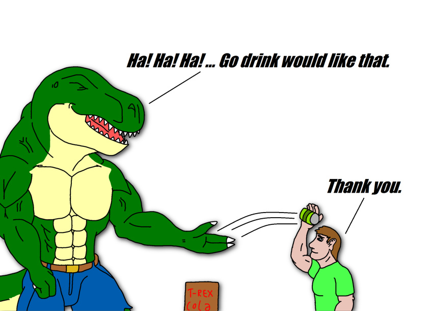 abs anthro belt biceps clothing comic dinosaur fangs green_skin human jonathan_alexander male mammal maxime-jeanne muscles pants pecs plain_background pose reptile scales scalie theropod thomas_carter topless torn_clothing transformation tyrannosaurus_rex vein white_background