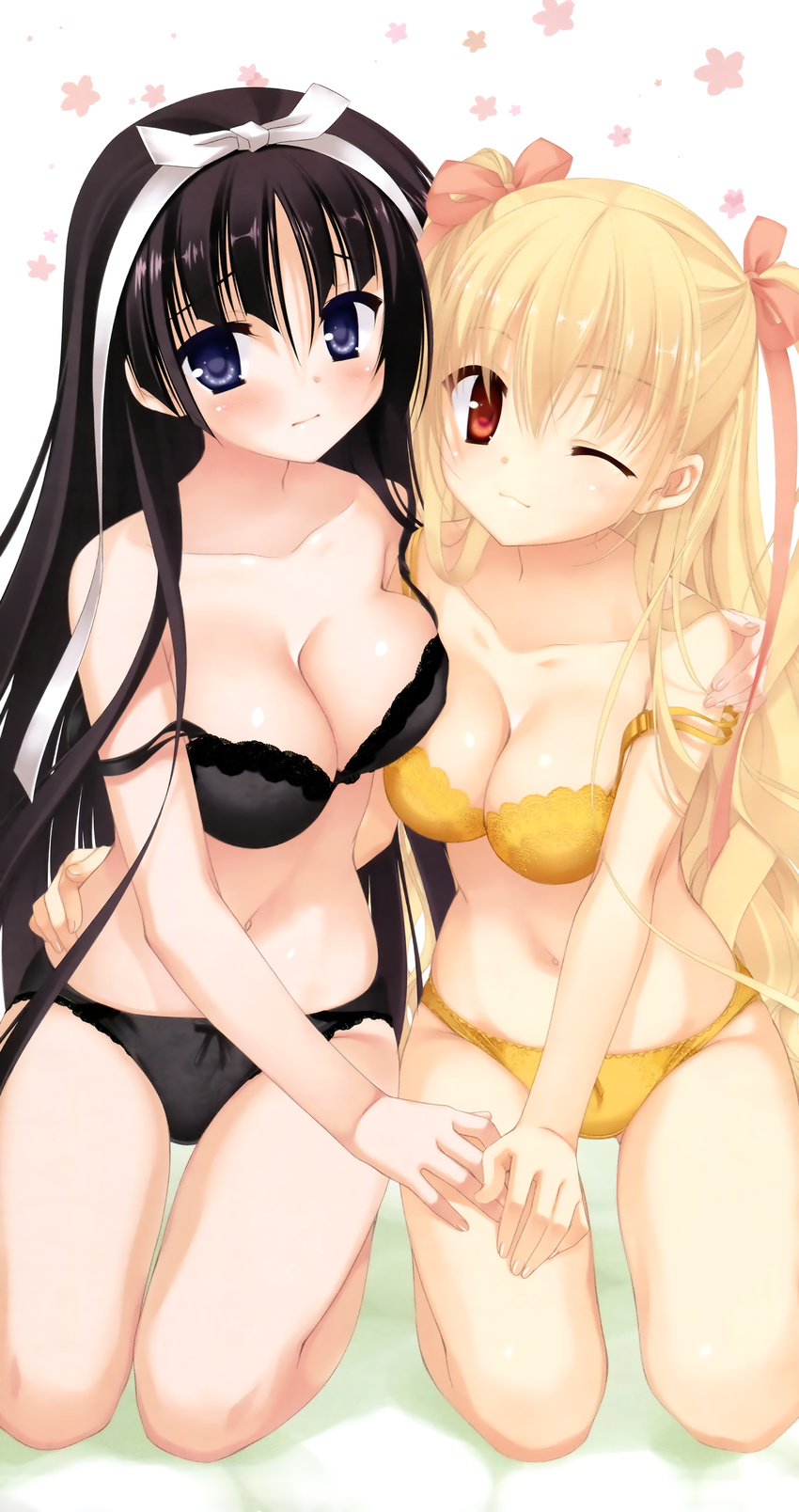 ;) absurdres black_bra black_hair black_panties blonde_hair blue_eyes bra breasts cleavage hidan_no_aria highres hotogi_shirayuki kneeling kobuichi lace lace-trimmed_bra medium_breasts mine_riko multiple_girls one_eye_closed orange_eyes panties smile underwear underwear_only yellow_bra yellow_panties