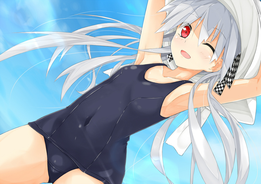 ;d armpits arms_up bare_shoulders blue_sky checkered collarbone covered_navel day hair_ribbon kitsune_(scaz) lens_flare long_hair one-piece_swimsuit one_eye_closed open_mouth original red_eyes ribbon school_swimsuit silver_hair sky smile solo sunlight swimsuit twintails undressing