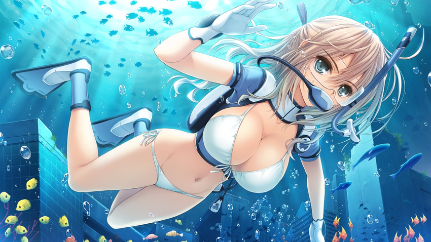 1girl bikini blonde_hair breasts building cleavage diving fish flippers game_cg gloves green_eyes highres kaya_fruhling komorebi_no_nostalgica:_raggio_di_sole_nostalgico large_breasts long_hair looking_at_viewer navel norita ocean snorkel solo sunlight swimming swimsuit underwater