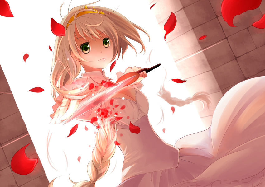 ahira_yuzu braid breasts cleavage cutting_hair dress green_eyes hairband highres holding holding_knife knife long_hair original petals reverse_grip silver_hair solo white_dress