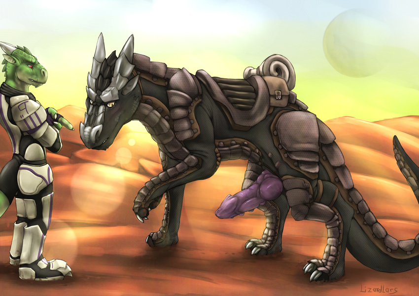 armor biceps big_penis blacky blush claws clothing desert dragon erection feral food horn kloogshicer knot lizardlars male mass_effect mount nude penis reptile rider/mount_relations sand scalie size_difference sun vein