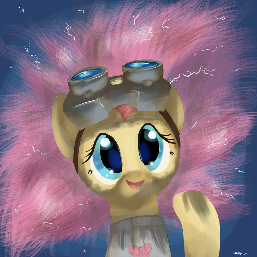 &lt;3 blue_background blue_eyes clothing crossover dirty doctor_horrible's_sing_along doctor_horrible's_sing_along docwario dr_adorable_(mlp) equine eyelashes eyewear female feral fluttershy_(mlp) friendship_is_magic goggles hair hi_res horse looking_at_viewer mad_scientist mammal my_little_pony pegasus pink_hair plain_background pony smile solo sparks wings yellow_body