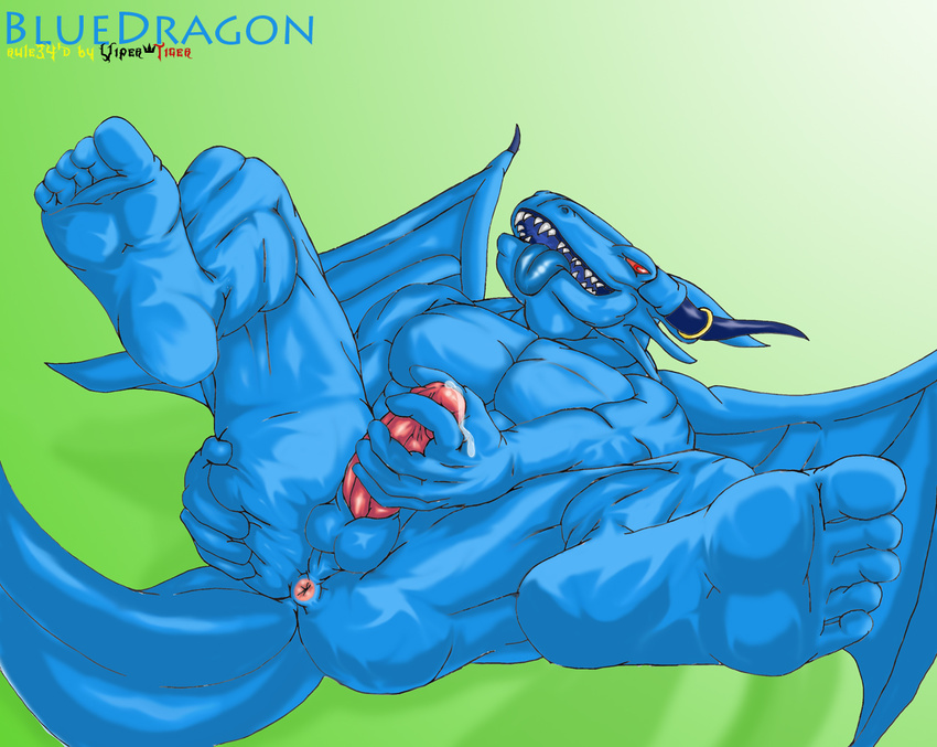 abs anus balls biceps big_balls big_muscles big_penis blue_body blue_dragon_(character) blue_dragon_(series) blue_skin blue_tongue butt circumcised cum cum_on_hand cum_on_penis cum_string cumshot darkviper199027 dragon dripping ear_piercing erection fangs foot_focus foreshortening horn human_feet leaking looking_at_viewer lying male masturbation muscles nude on_back orgasm pecs penis piercing pose presenting red_eyes reptile ring scales scalie sheath solo spread_legs spreading toes tongue tongue_out vein wings