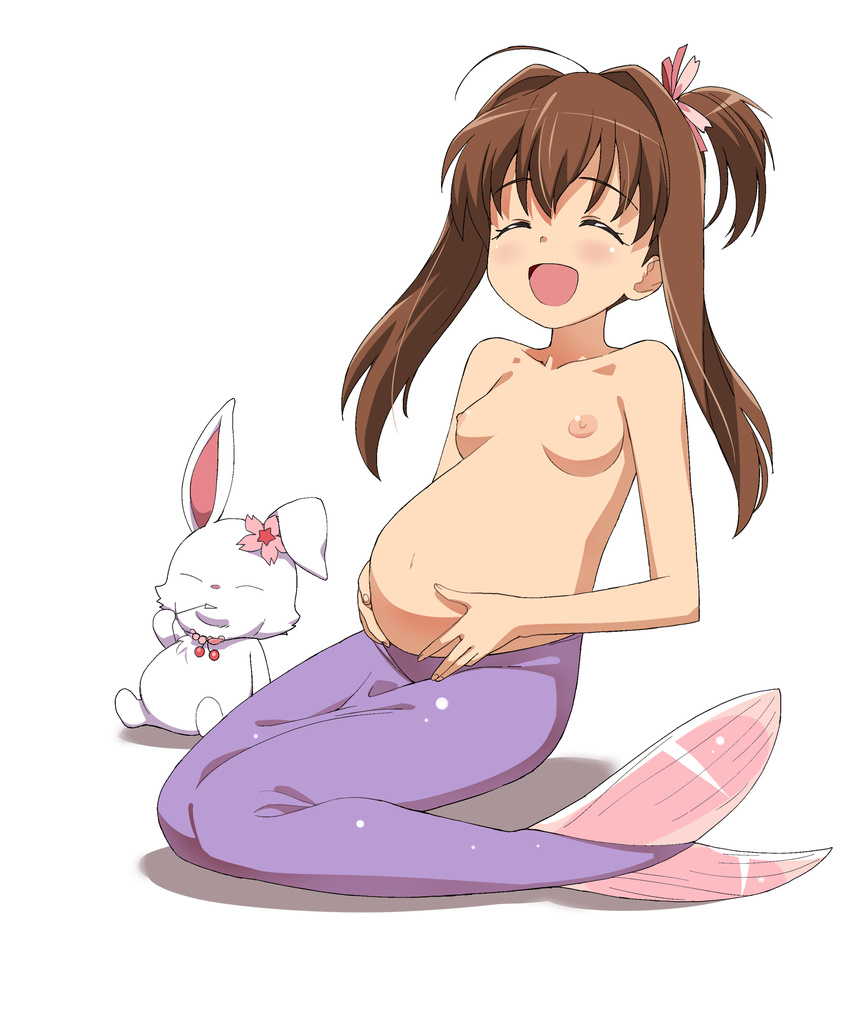 1girl :d a1 absurdres ahoge blush breasts brown_hair cosplay eyes_closed hair_ribbon highres initial-g jewelpet_(series) jewelpet_tinkle jewelpet_twinkle long_hair mermaid navel nipples open_mouth pregnant ribbon ruby_(jewelpet) sakura_akari side_ponytail simple_background sitting small_breasts smile toothpick topless white_background