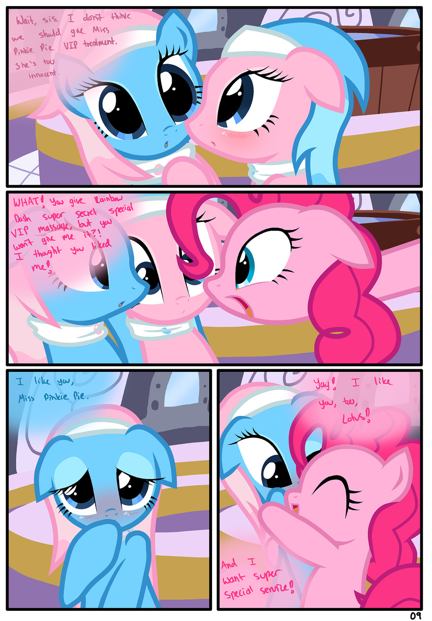 blue_body blue_eyes blue_hair blush comic dialog english_text equine female feral friendship_is_magic hair hi_res horse lotus_(mlp) mammal my_little_pony pink_body pink_hair pinkie_pie_(mlp) pony pyruvate text