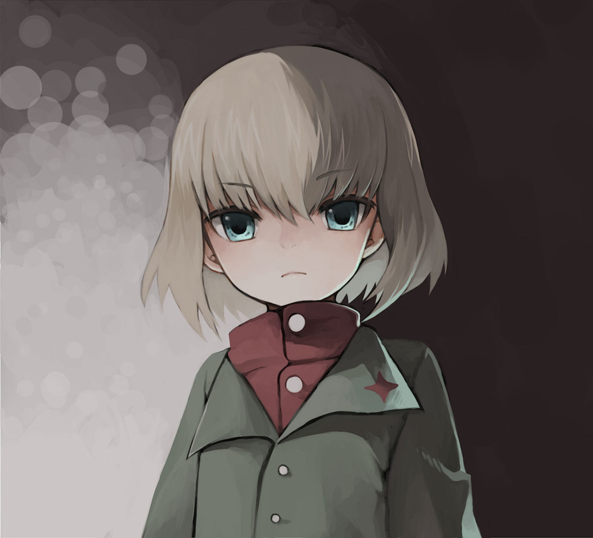 bangs blonde_hair blue_eyes expressionless girls_und_panzer green_jacket jacket katyusha long_sleeves looking_at_viewer monmon pravda_school_uniform red_shirt school_uniform shirt short_hair solo standing turtleneck uniform