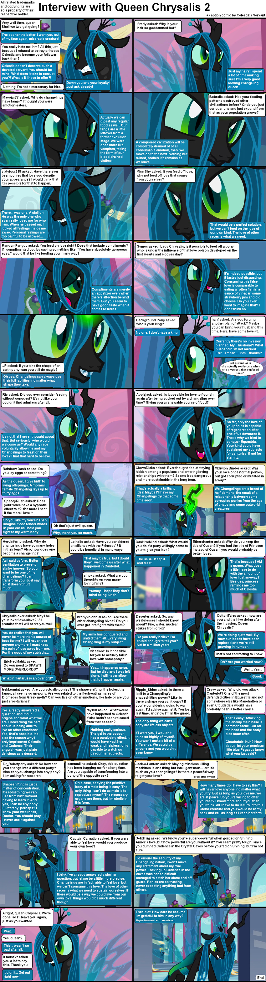 celestias_servant_interview changeling comic equine fangs female feral friendship_is_magic green_eyes green_hair hair holes horn inside interview mammal my_little_pony princess_celestia_(mlp) queen_chrysalis_(mlp) solo wall_of_text wings