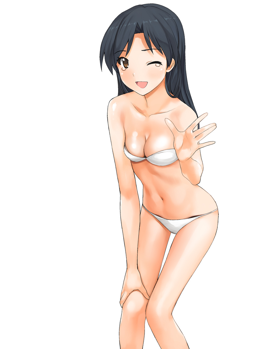 :d ;d a1 absurdres bikini blue_hair blush breasts brown_eyes cleavage hand_on_own_knee highres idolmaster idolmaster_(classic) kisaragi_chihaya looking_at_viewer medium_breasts one_eye_closed open_mouth pov simple_background smile swimsuit tareme tears thigh_gap waving white_background white_bikini
