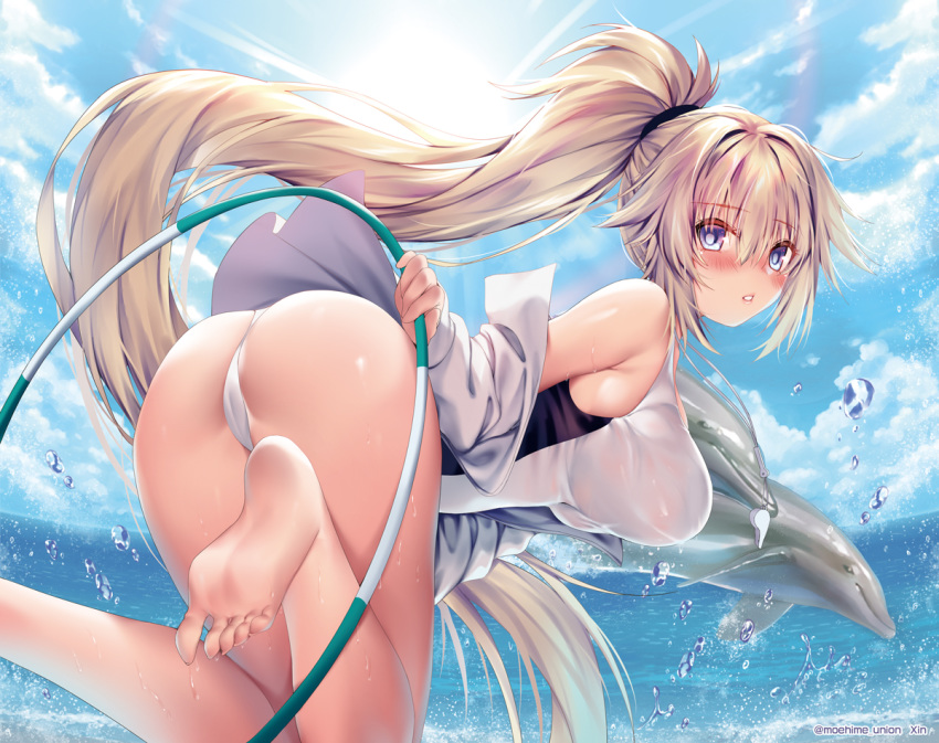 animal barefoot blonde_hair blush clouds dolphin fate/grand_order fate_(series) jeanne_d'arc_(fate) obiwan ponytail sky swimsuit water watermark wet