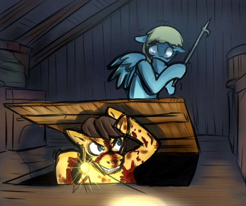 blonde_hair blood blue_eyes brown_hair creepy duo equine fear female flashlight friendship_is_magic grin hair horse inside latern male mammal my_little_pony pegasus pony scar scared shaking unknown_artist wings