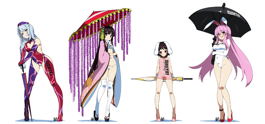 alternate_costume animal_ears anti-materiel_rifle bare_legs barrett_m82 black_hair blue_eyes blush boots braid breasts brown_eyes bunny_ears bunny_tail cleavage_cutout clog_sandals closed_umbrella covered_navel gun hair_ornament hat heart heart_cutout high_heels highleg highleg_swimsuit holding houraisan_kaguya hyouju_issei inaba_tewi kneehighs large_breasts long_hair looking_at_viewer multiple_girls navel nurse_cap one-piece_swimsuit parted_lips planted_umbrella purple_eyes race_queen red_eyes reisen_udongein_inaba rifle shoes short_hair silver_hair simple_background single_braid smile sniper_rifle standing swimsuit tabi tail thigh_boots thighhighs touhou umbrella weapon white_background white_legwear white_swimsuit yagokoro_eirin