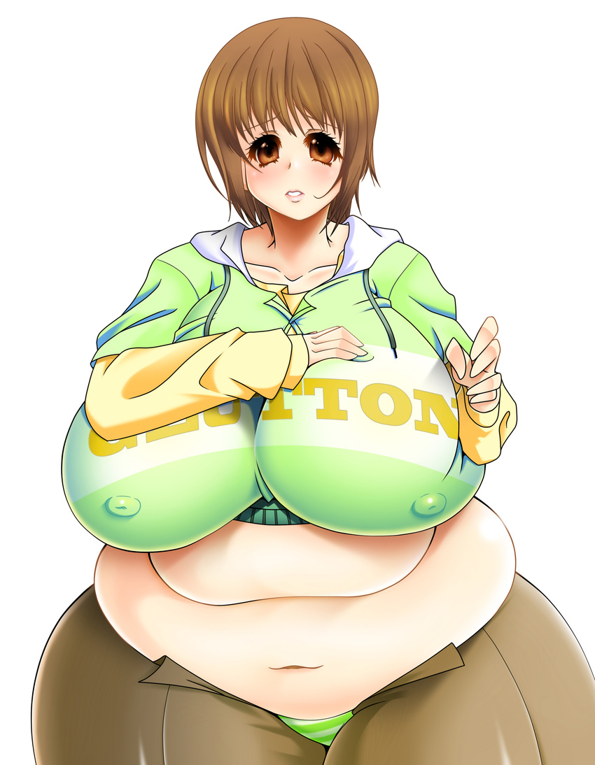 1girl absurdres akira_agata breasts brown_eyes brown_hair fat highres looking_at_viewer midriff navel obese panties short_hair simple_background skindentation solo striped striped_panties unbuttoned underwear white_background