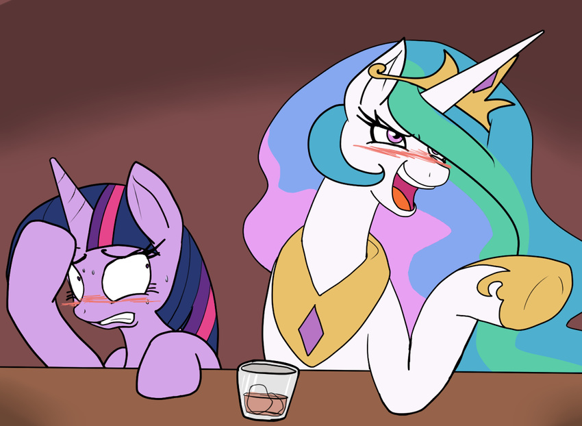 alcohol bar beverage blush crown drunk duo embarrassed equine female feral friendship_is_magic glass hair horn horse mammal multi-colored_hair my_little_pony necklace open_mouth pony princess princess_celestia_(mlp) purple_eyes reiduran royalty smile sweat teeth tongue twilight_sparkle_(mlp) unicorn whiskey