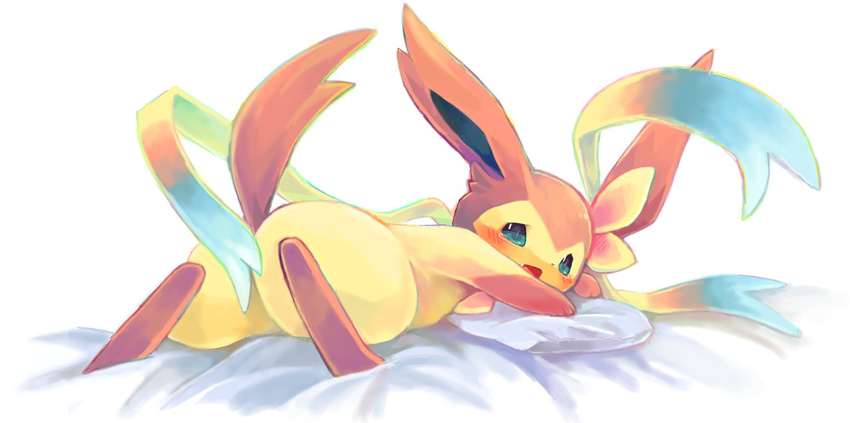 bed blue_eyes covering covering_self cute eeveelution looking_at_viewer looking_back lying nintendo nude on_front open_mouth pillow plain_background pok&#233;mon pok&eacute;mon shy solo sylveon unknown_artist video_games white_background