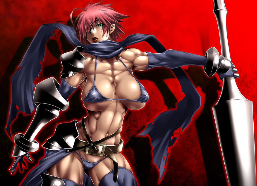 1girl abs armor belt bikini breasts gloves green_eyes hair_over_one_eye large_breasts micro_bikini muscle nobusi pointy_ears red_hair scarf solo swimsuit thighhighs weapon